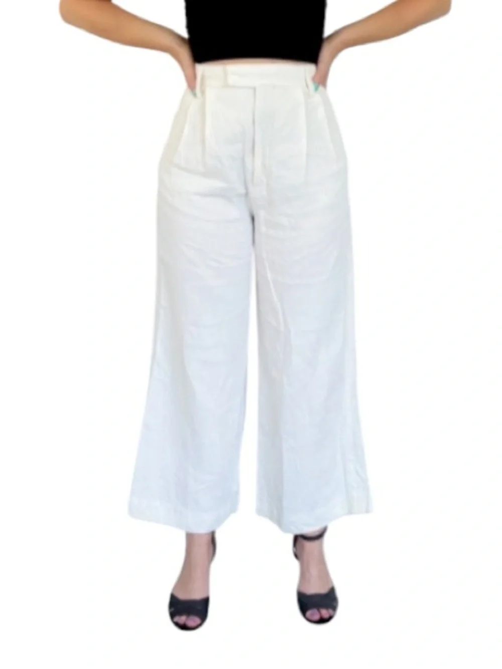 ZARA white high rise pleated wide leg linen blend crop pants size XS